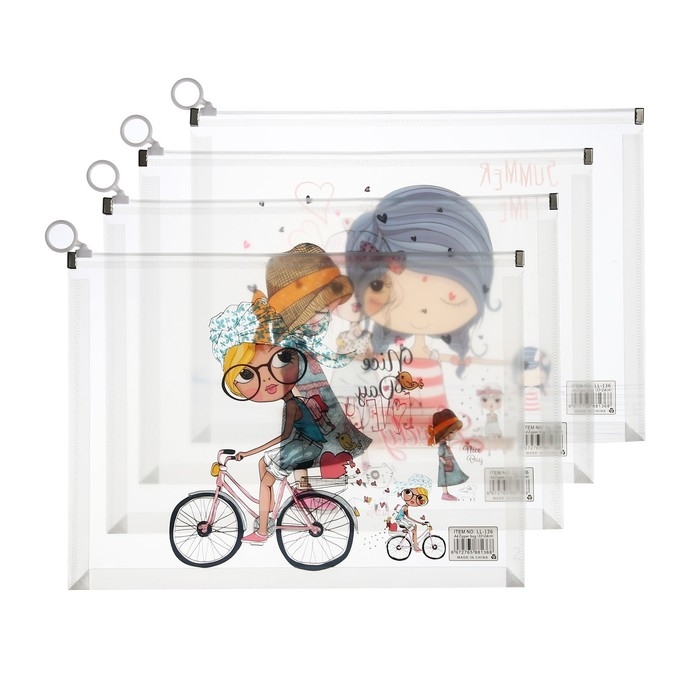 Папка-конверт на молнии формат А4, 180 мкр, прозрачная с рисунком Папка-конверт на молнии формат А4, 180 мкр, прозрачная с рисунком "Девочки", МИКС