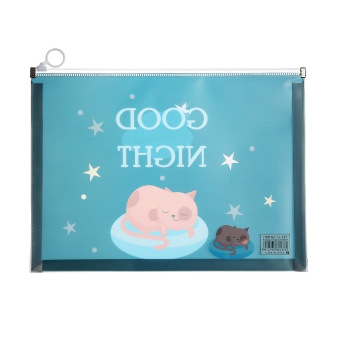 Папка-конверт на молнии формат А4, 180мкр, прозрачная с рисунком Папка-конверт на молнии формат А4, 180мкр, прозрачная с рисунком "Котик", МИКС