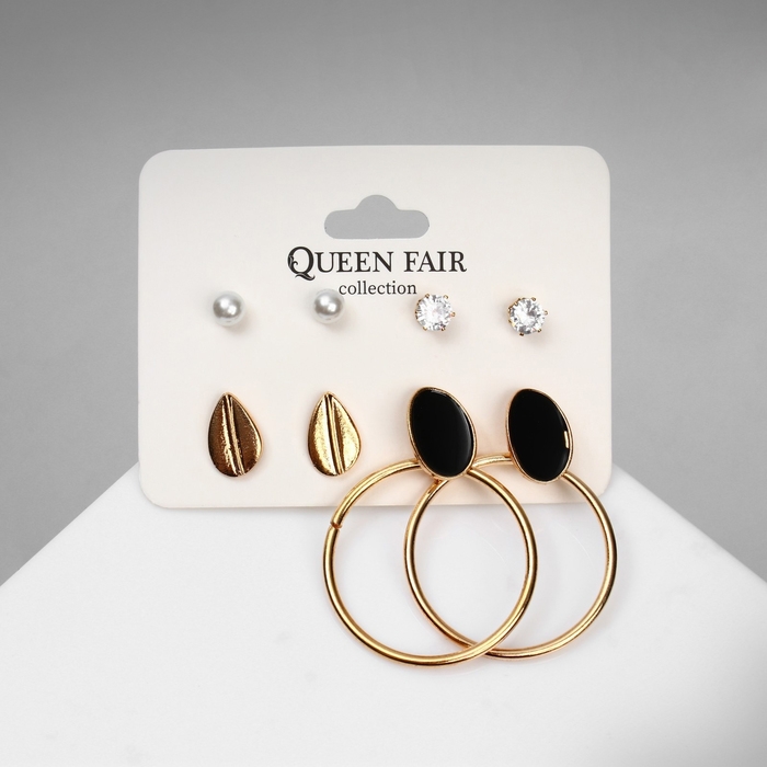 Серьги набор 4 пары «Летние истории» листья и круги, цвет чёрно-белый в золоте Серьги набор 4 пары «Летние истории» листья и круги, цвет чёрно-белый в золоте