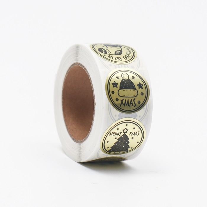 Новый год. Наклейки с тиснением в рулоне "Mary Christmas", 500 шт,2,5 х 2,5 см