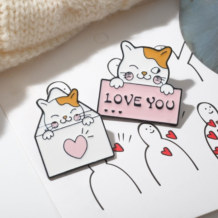 Набор значков (2 шт.) «Котики» послание, цветной в чёрном металле Набор значков (2 шт.) «Котики» послание, цветной в чёрном металле