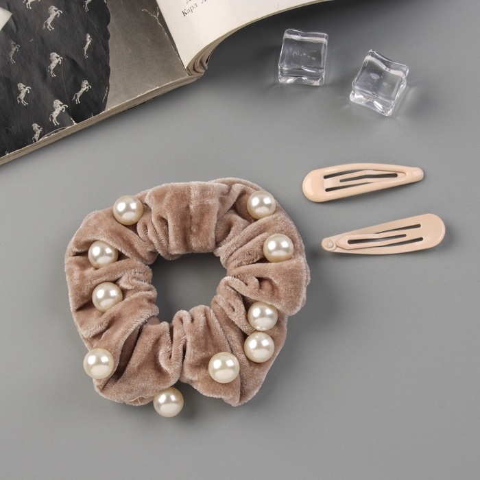 Набор для волос  Набор для волос "Глория грация" (резинка 7 см, 2 невидимки 5 см) бежевый