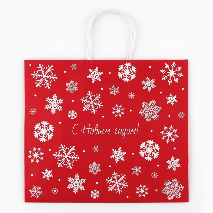 Пакет подарочный новогодний «Снежинки», белый крафт, 32 х 28 х 15 см , Новый год