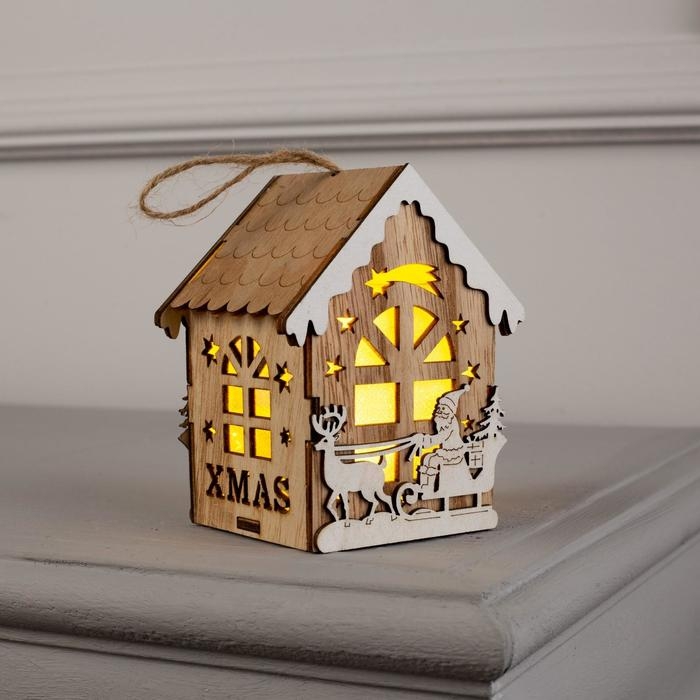 Ёлочная игрушка «Домик с Дедом Морозом на санках», от батареек, свечение тёплое белое Ёлочная игрушка «Домик с Дедом Морозом на санках», от батареек, свечение тёплое белое