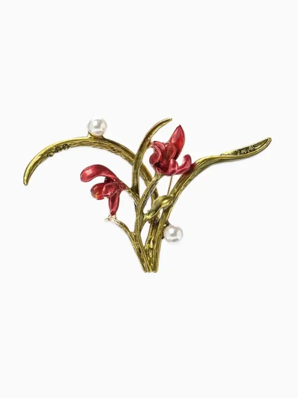 Брошь &laquo;Цветы&raquo; ирисы, жемчуг, цвет красно-зелёный