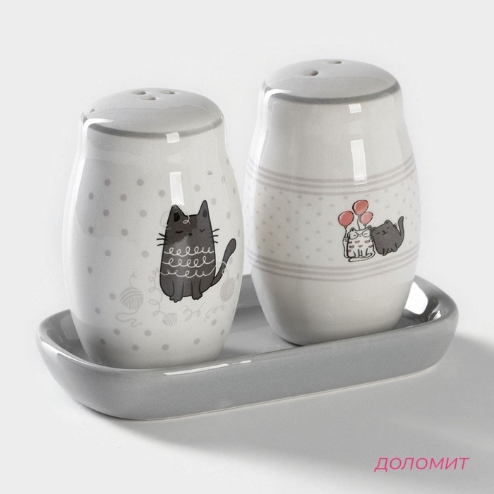 Набор для специй Доляна «Уютные коты», 3 предмета: солонка 80 мл, перечница 80 мл, подставка Набор для специй Доляна «Уютные коты», 3 предмета: солонка 80 мл, перечница 80 мл, подставка