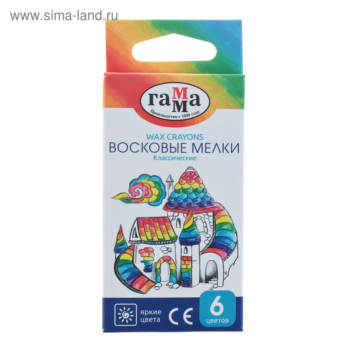 Мелки восковые 6 цветов, Мелки восковые 6 цветов, "Гамма" "Классические", треугольные, европодвес