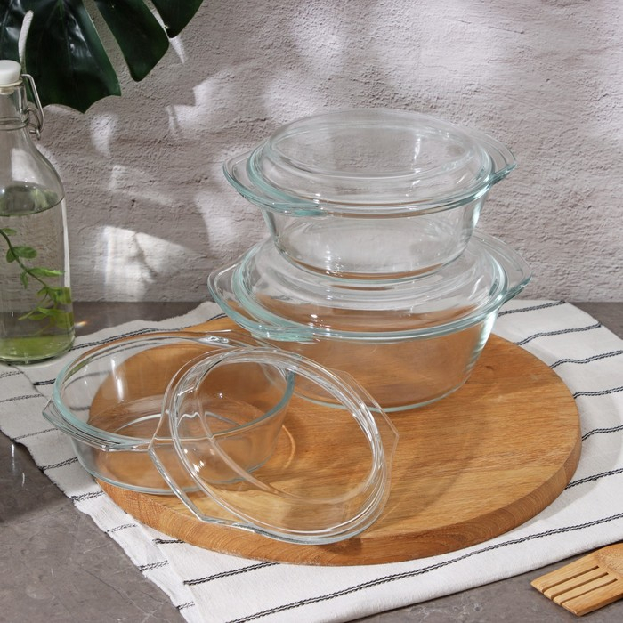 Набор кастрюль из жаропрочного стекла для запекания Доляна «Гратен», 3 предмета: 0,7 л, 1 л, 1,5 л, с крышками Набор кастрюль из жаропрочного стекла для запекания Доляна «Гратен», 3 предмета: 0,7 л, 1 л, 1,5 л, с крышками