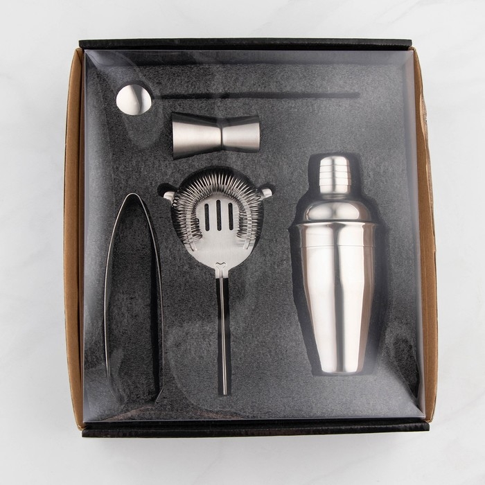 Набор для бара «Биг Джон», 5 предметов: щипцы, стрейнер, ложка, шейкер, джиггер, нержавеющая сталь