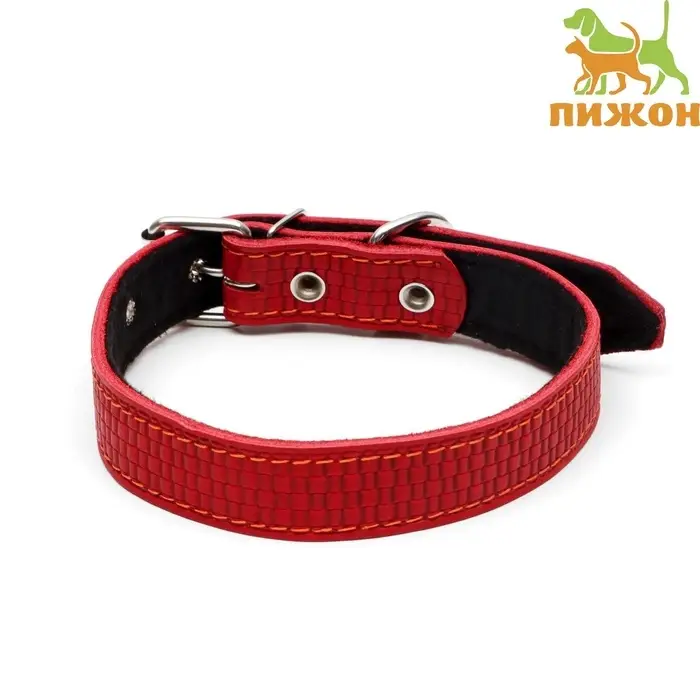 Ошейник кожаный с тиснением на синтепоне, 65&times;3 см, ОШ 40-55 см, красный