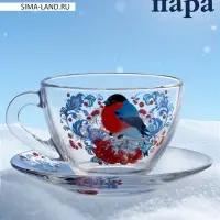 Чайная пара новогодняя &laquo;Снегири на рябине&raquo;, 200 мл, блюдце d=13 см, стекло, прозрачная