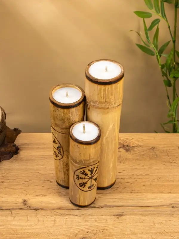 Свеча в бамбуке тройная «Руны», 13×14×30 см, 100 мл, бежевая