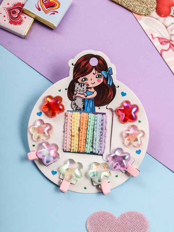 Набор для волос Набор для волос "Аделия" (10 резинок 3 см, 4 зажима 3 см) цветок, розовый