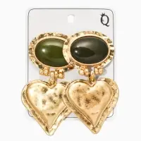 Серьги "Винтаж", овал с сердцем, цвет темно-зелёный в золоте