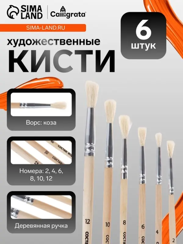 Набор кистей для рисования, коза, 6 штук: № 2, 4, 6, 8, 10, 12, круглые, деревянная ручка, международный размер