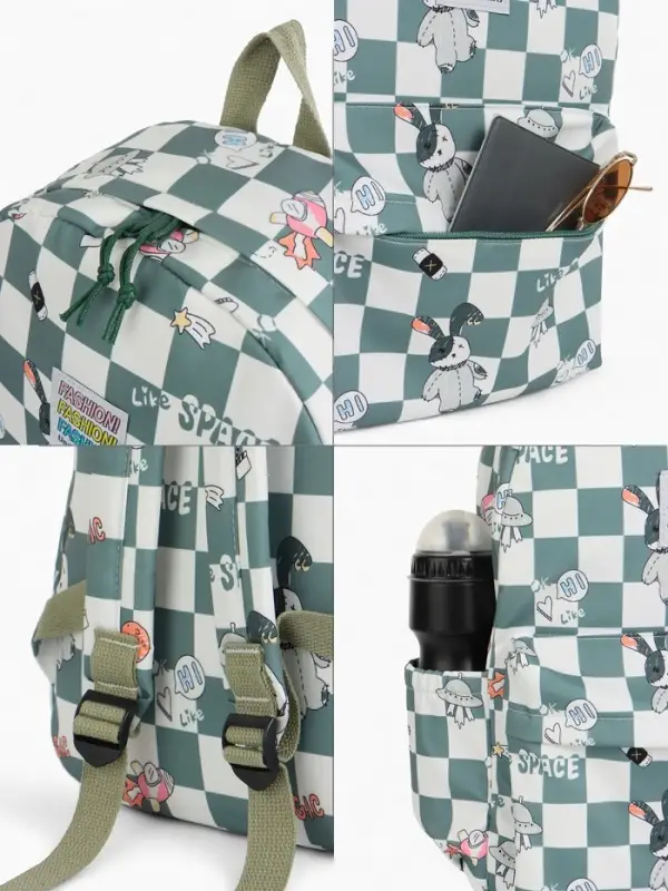 Рюкзак школьный на молнии, с карманами, в клетку, 28&times;11.5&times;40 см, зелёный