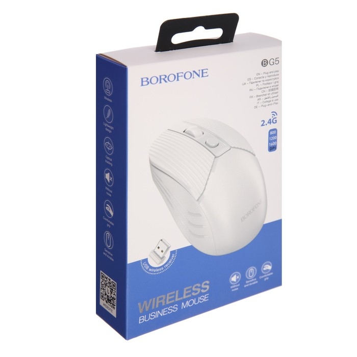 Мышь Borofone BG5, беспроводная, оптическая, 1600 dpi, от одной батарейки ААА, белая Мышь Borofone BG5, беспроводная, оптическая, 1600 dpi, от одной батарейки ААА, белая