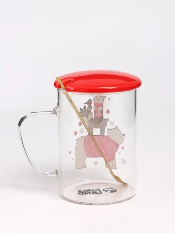 Кружка новогодняя с ложкой и крышкой &laquo;Зверята&raquo;, 470 мл
