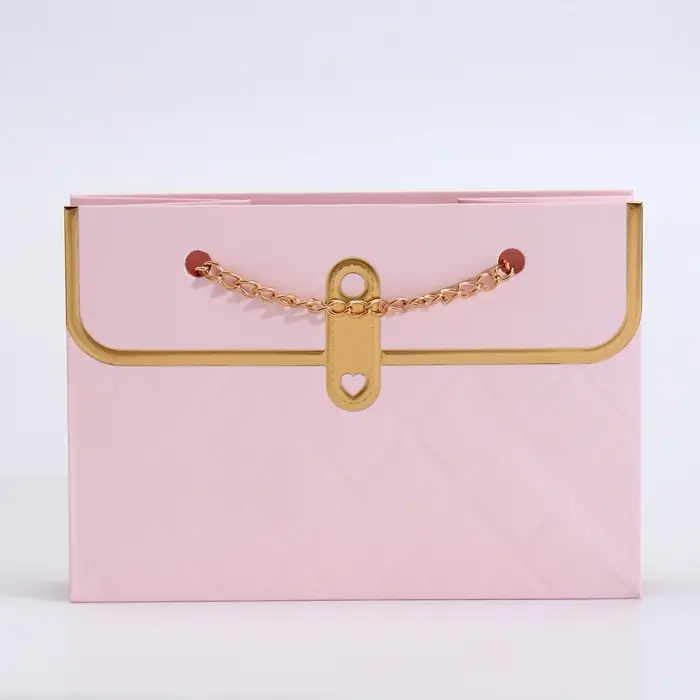 Пакет переноска для цветов, ручка цепь, &laquo;Розовый&raquo;, с золотым тиснением, 15&times;10.5&times;10 см