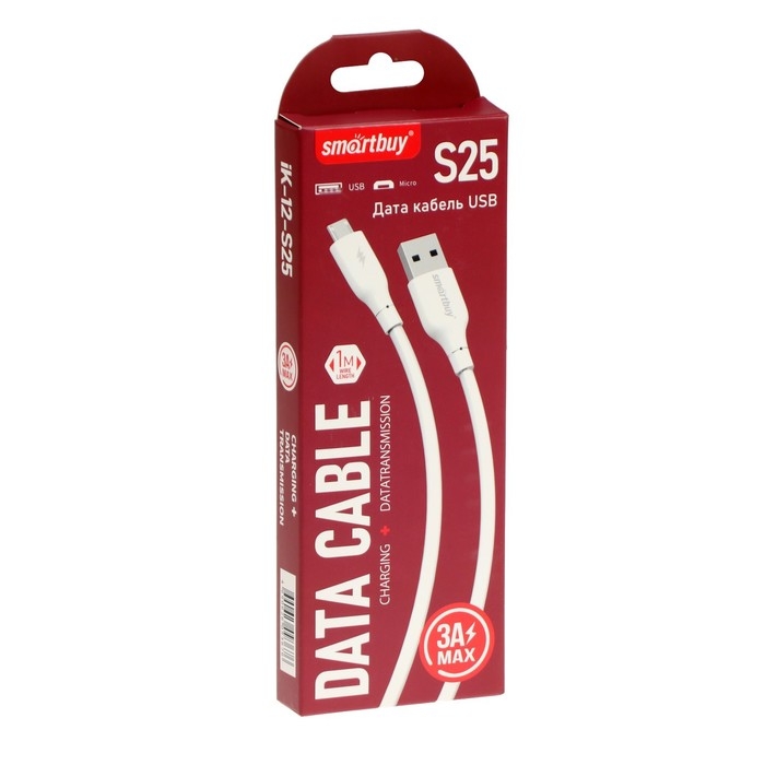 Кабель Smartbuy S25, microUSB - USB, 3 А, 1 м, TPE оплетка, быстрая зарядка, белый Кабель Smartbuy S25, microUSB - USB, 3 А, 1 м, TPE оплетка, быстрая зарядка, белый