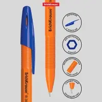 Ручка шариковая ErichKrause R-301 Orange Stick, узел 0.7 мм, чернила синие, длина линии письма 2000 метров, штрихкод на ручке
