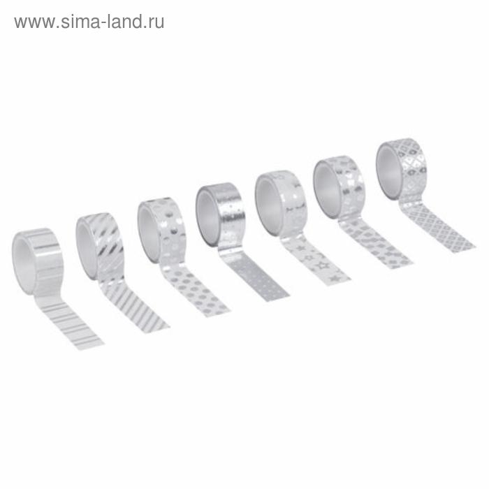 Клейкие WASHI-ленты для декора с фольгой СЕРЕБРИСТЫЕ,15 мм х 3 м (набор 7 шт) рисовая бумага