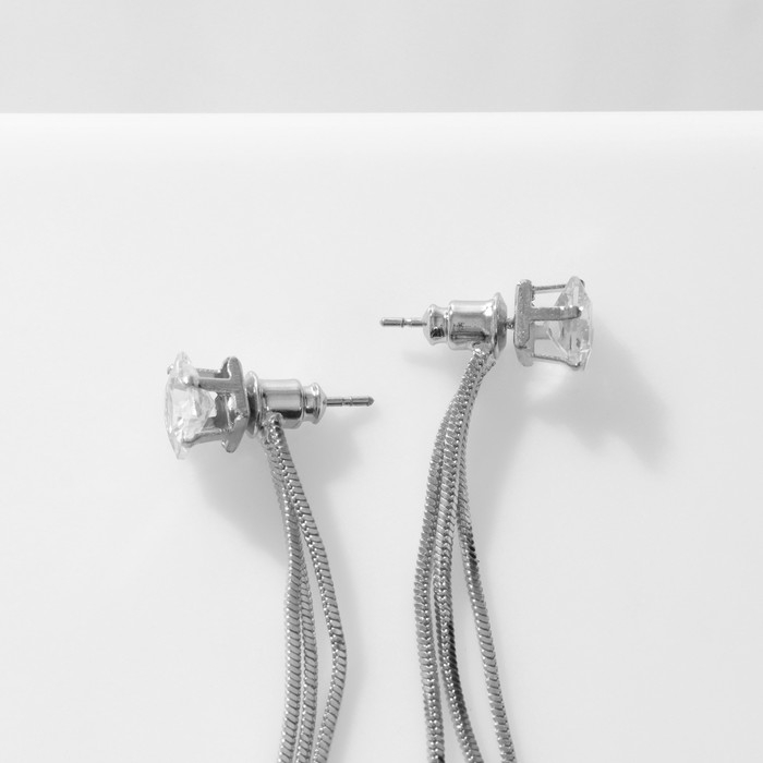 Серьги висячие со стразами «Цепочки» квадрат, цвет белый в серебре Серьги висячие со стразами «Цепочки» квадрат, цвет белый в серебре