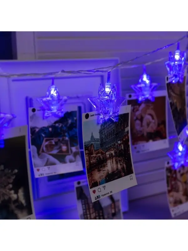 Гирлянда &laquo;Нить&raquo; 4.5 м с насадками &laquo;Прищепки-звёзды&raquo;, IP20, прозрачная нить, 20 LED, свечение синее, 220 В