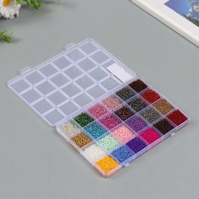 Бисер стекло 12/0 в шкатулке  Бисер стекло 12/0 в шкатулке "Яркий" 24 цвета 19х13,5х1,8 см