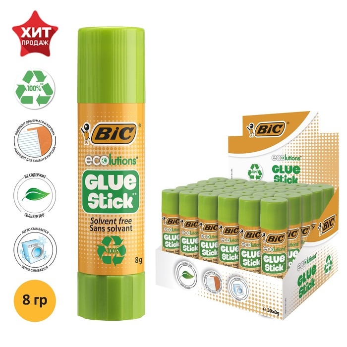Клей-карандаш, 8 грамм, BIC  Клей-карандаш, 8 грамм, BIC "Ecolutions", твердый, с яблочным запахом, прозрачный, водно-спиртовая основа