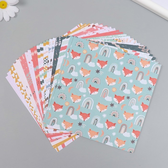 Набор бумаги для скрапбукинга 24 листа 12 дизайнов Набор бумаги для скрапбукинга 24 листа 12 дизайнов "Лиса в лесу" 160 гр 15,2х15,2 см