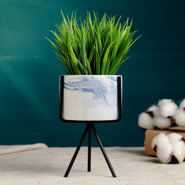 Кашпо  Кашпо "Цилиндр" синее, на черной подставке, 13х8см