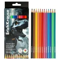 Карандаши 12 цветов, ErichKrause Techno Dino, пластиковые, шестигранные