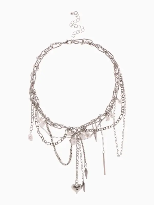 Колье "Многослойность" сердце с жемчугом, цвет белый в серебре