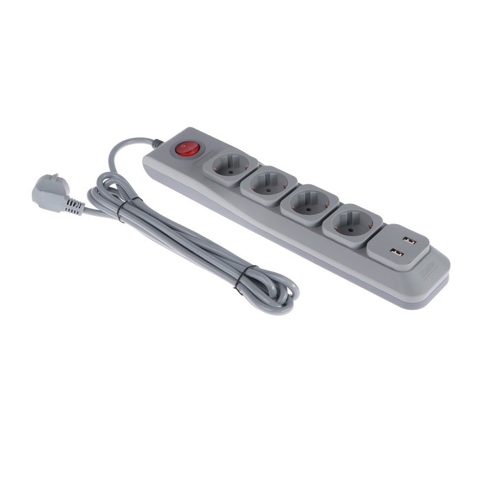 Сетевой фильтр Uniel Lux, 4 розетки, USB 2.1 А, 3 м, 10 А, 2500 Вт, ПВС 3х0.75, с з/к, серый Сетевой фильтр Uniel Lux, 4 розетки, USB 2.1 А, 3 м, 10 А, 2500 Вт, ПВС 3х0.75, с з/к, серый
