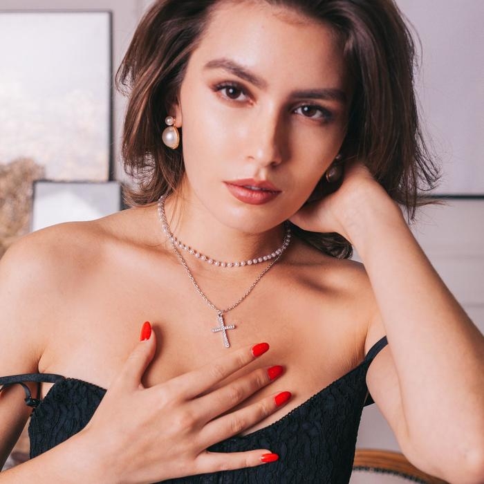 Кулон «Цепь» нить из жемчуга, крестик плавный, цвет белый в серебре, 35 см Кулон «Цепь» нить из жемчуга, крестик плавный, цвет белый в серебре, 35 см