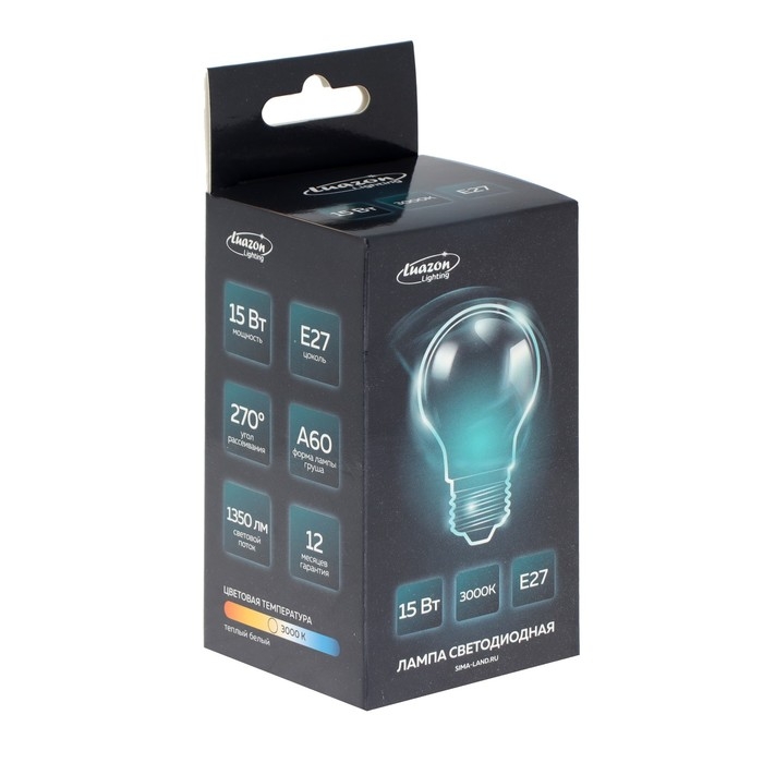 Лампа cветодиодная Luazon Lighting, A60, 15 Вт, E27, 1350 Лм, 3000 K, теплый белый Лампа cветодиодная Luazon Lighting, A60, 15 Вт, E27, 1350 Лм, 3000 K, теплый белый