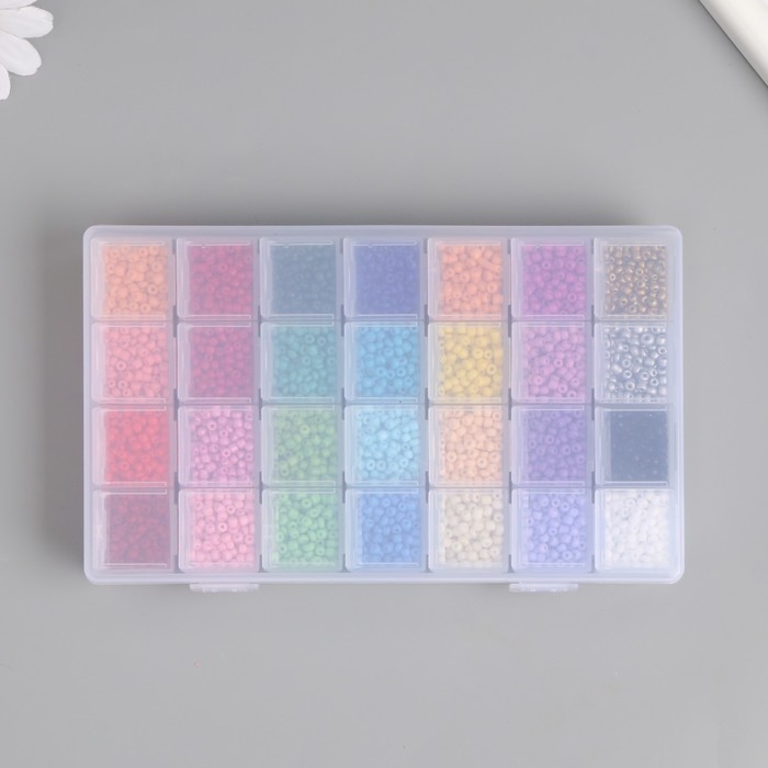 Бисер стекло 8/0 (3 мм) в шкатулке  Бисер стекло 8/0 (3 мм) в шкатулке "Яркий" 28 цветов х 10  гр + декор 17,5х10,5х2,4 см