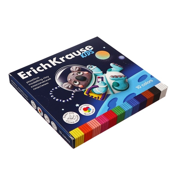 Пластилин 10 цветов, 180 г, ErichKrause Пластилин 10 цветов, 180 г, ErichKrause "Kids Space Animals", со стеком, в картонной упаковке