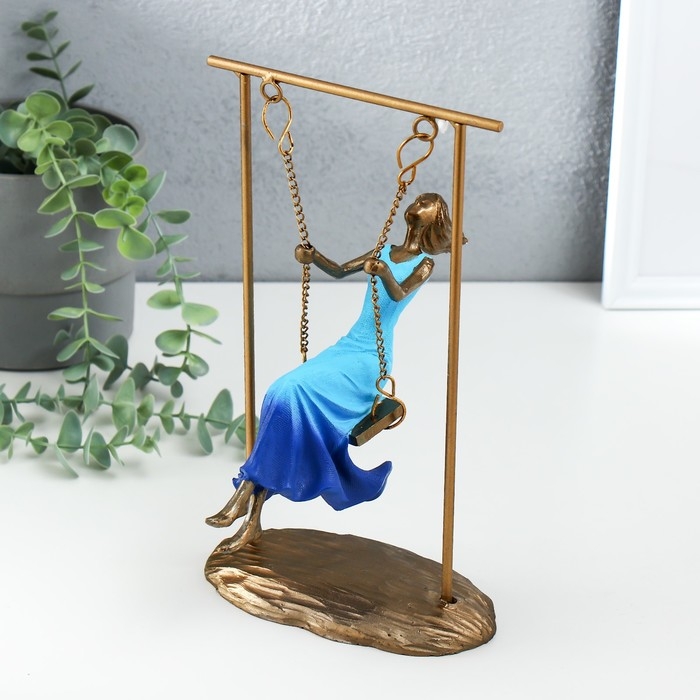 Сувенир полистоун  Сувенир полистоун "Девушка в небесно-голубом платье на качелях" бронза 16х11х26 см