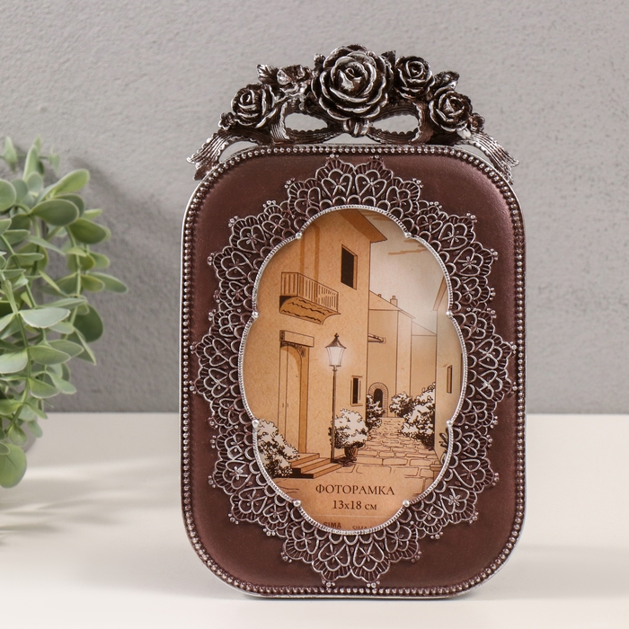 Фоторамка полистоун 10х15 см Фоторамка полистоун 10х15 см "Кружево и розы" серебро и шоколад 15х1,5х24 см