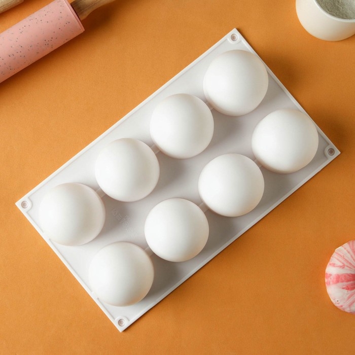 Форма для муссовых десертов и выпечки KONFINETTA «Шарики», 29,7×17,4×3,7 см, 8 ячеек, цвет белый Форма для муссовых десертов и выпечки KONFINETTA «Шарики», 29,7×17,4×3,7 см, 8 ячеек, цвет белый