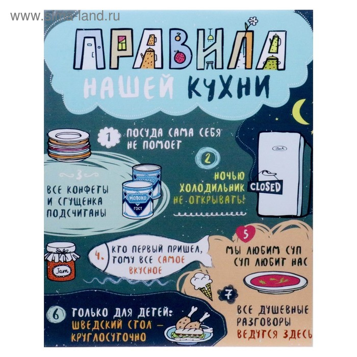 Картина на холсте Картина на холсте "Правила нашей кухни" на синем 40х50 см
