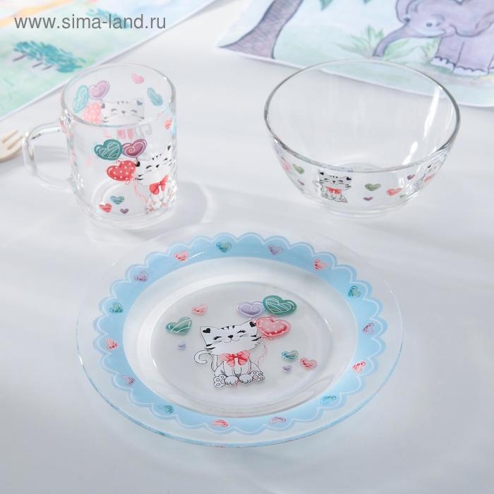 Набор детской посуды Доляна «Котёнок», 3 предмета: кружка 200 мл, салатник 450 мл, тарелка d=20 см Набор детской посуды Доляна «Котёнок», 3 предмета: кружка 200 мл, салатник 450 мл, тарелка d=20 см