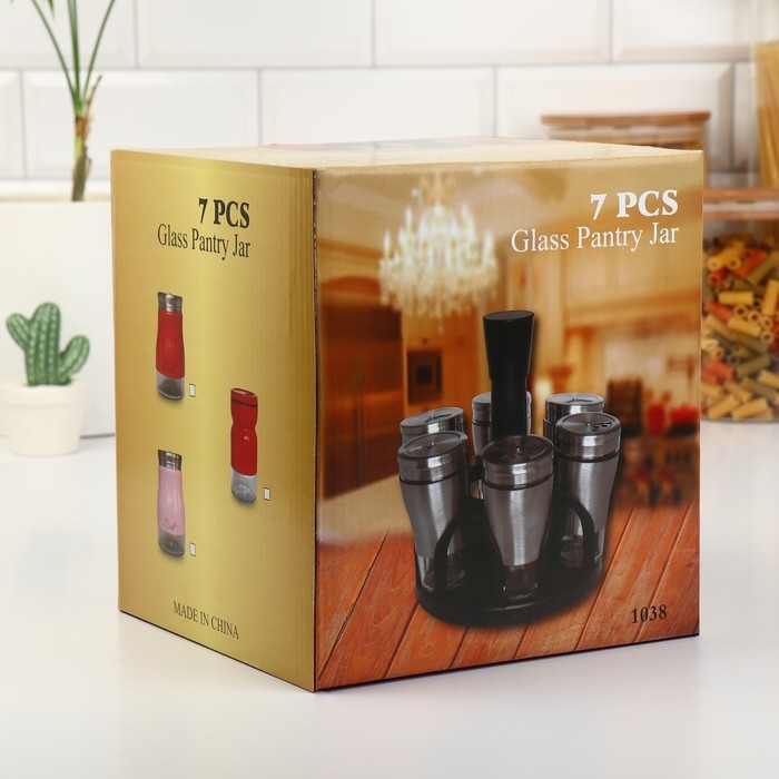 Набор стеклянных ёмкостей для специй на металлической подставке «Богема», 5,5×11 см, 6 шт, цвет коричневый Набор стеклянных ёмкостей для специй на металлической подставке «Богема», 5,5×11 см, 6 шт, цвет коричневый