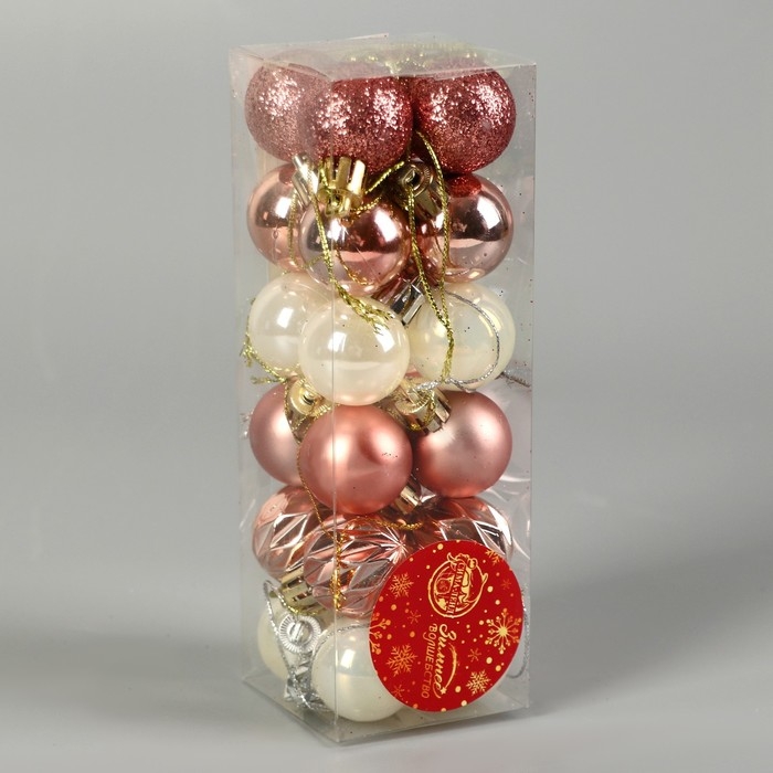 Набор шаров пластик d-3 см, 24 шт Набор шаров пластик d-3 см, 24 шт "Мелодия" грани блеск, белый розовое золото