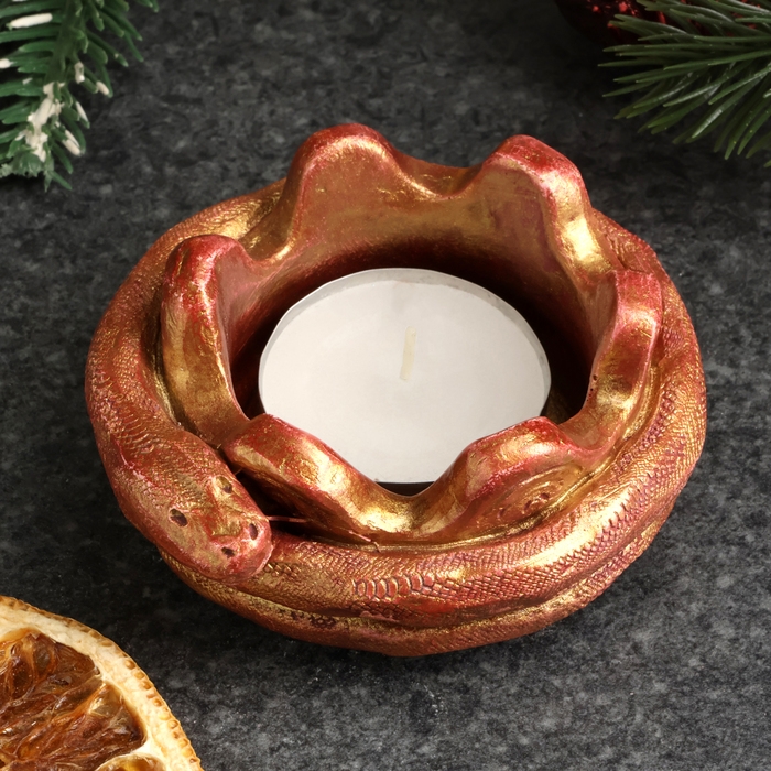 Новый год. Символ 2025. Подсвечник новогодний  Новый год. Символ 2025. Подсвечник новогодний "Змея на чаше" бордовый с позолотой, 4х10см