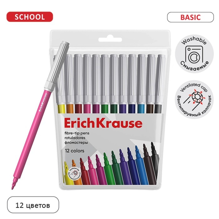 Фломастеры 12 цветов ErichKrause  Фломастеры 12 цветов ErichKrause "Basic", на водной основ, вентилируемый колпачок