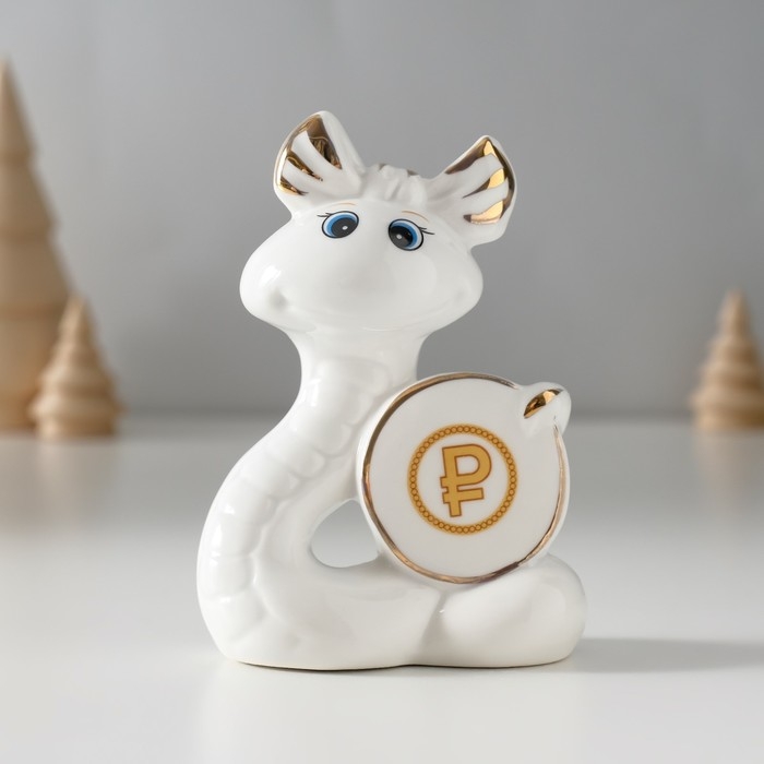 Сувенир керамика Сувенир керамика "Белая змейка с бантиком, с монеткой $" с золотом 3х7,5х9,3 см