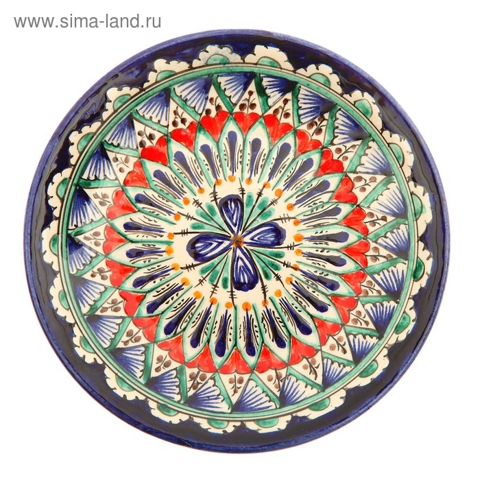Тарелка Риштанская Керамика Тарелка Риштанская Керамика "Цветы", синяя, плоская, 15 см